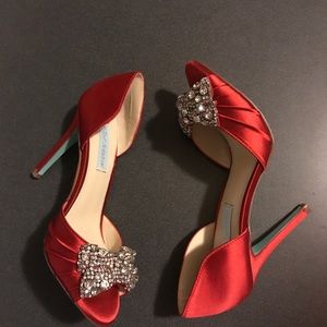 New Betsey Johnson Red Satin Peep Toe Heels